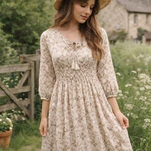 Magnolia South Bird Print Prairie Dress Cottagecore Smocked Boho Neutral Size M